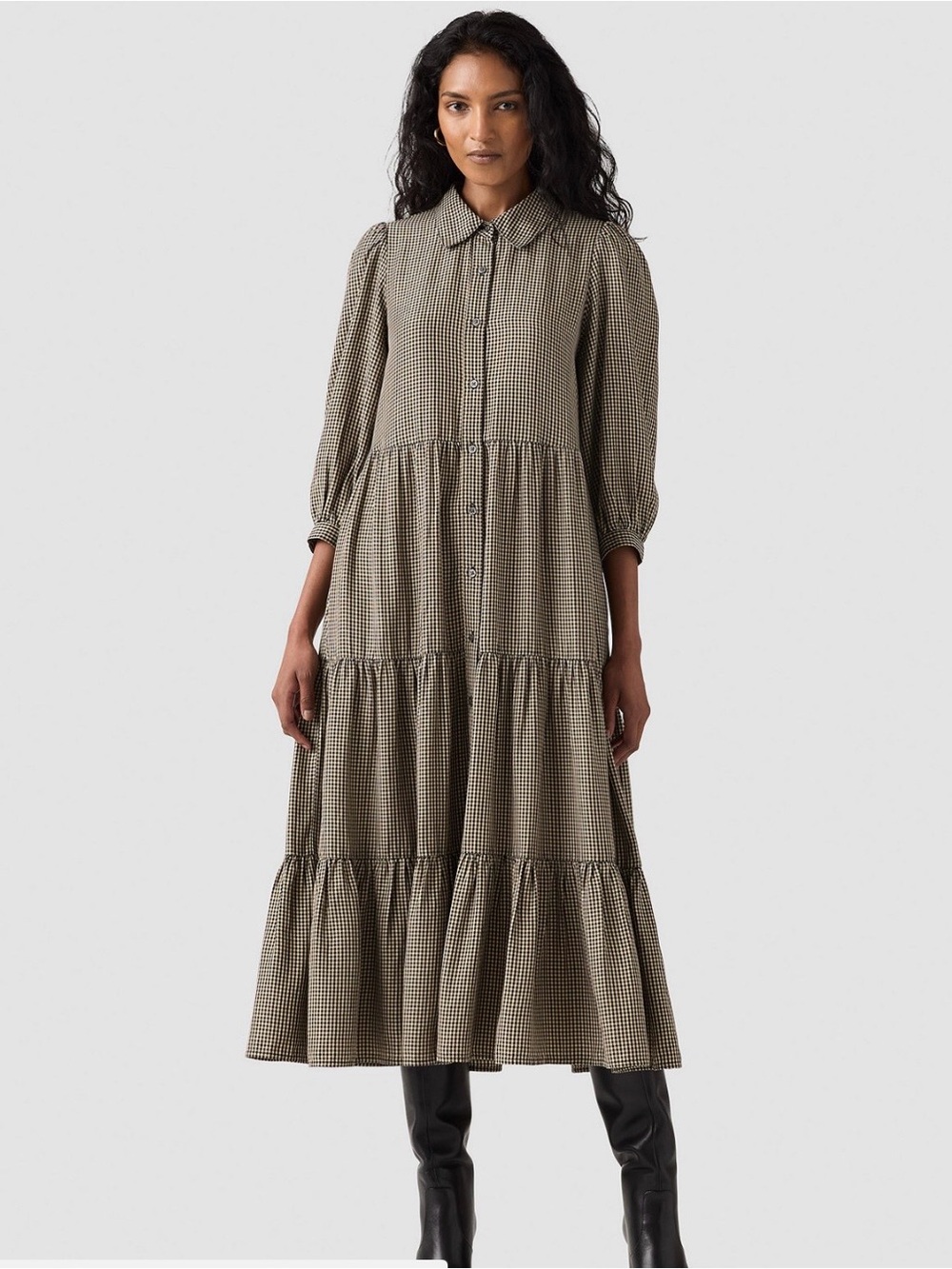 Levi's Brown Gingham Tiered Maxi Dress